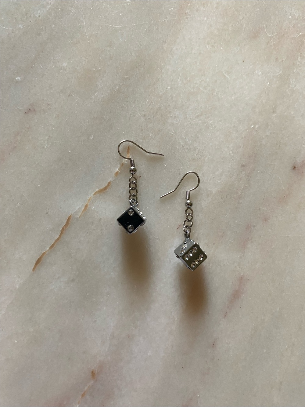 Silver Tone Dice Drop Earrings with CZ